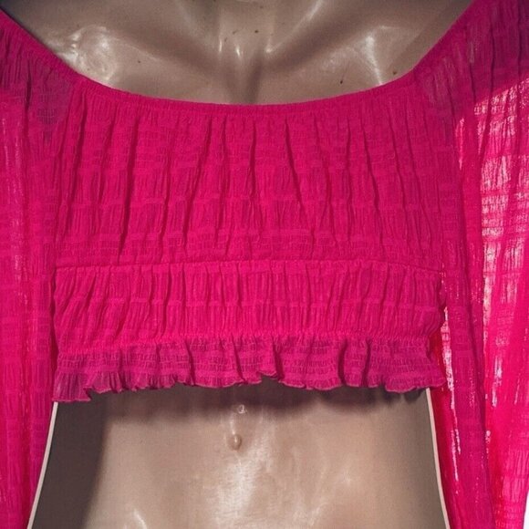 Frilly Romantic Fuchsia Crop Top Women Small Bishop Sleeve Textured Off Shoulder - Picture 8 of 16